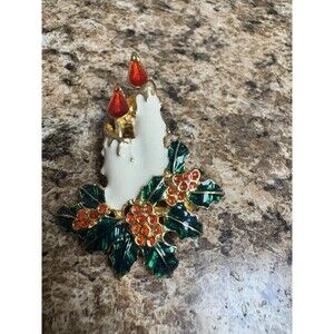 Vintage Art Deco Christmas Candle Brooch Pin Gold Tone Religious